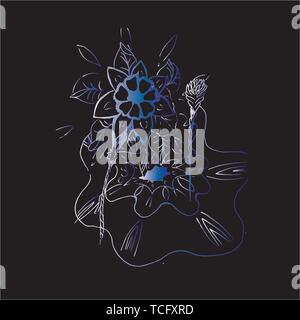 Neon Abbildung einer psychedelischen mandaloid Blume in der Technik der schlüpfen. Alte Ansicht. Stock Vektor