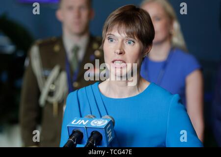 Vereinten Nationen. 07 Juni, 2019. Kersti Kaljulaid, Präsident von Estland, Adressen drücken Sie nach der Wahl ihres Landes an den Sicherheitsrat heute am Hauptsitz der Vereinten Nationen in New York. Foto: Luiz Rampelotto/EuropaNewswire PHOTO CREDIT OBLIGATORISCH. | Verwendung der weltweiten Kredit: dpa Picture alliance/Alamy leben Nachrichten Stockfoto