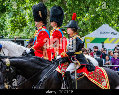 London, Großbritannien. 08 Juni, 2019. Prinzen Charles, William, Andrew und Prinzessin Anne - Geburtstag der Königin Parade, populärer als die Farbe bekannt. In diesem Jahr das Regiment "TROOPING" seine Farbe (zeremonielle Regimental flag) war das erste Bataillon Grenadier Guards. Credit: Guy Bell/Alamy leben Nachrichten Stockfoto