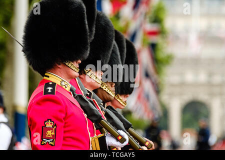 London, Großbritannien. 08 Juni, 2019. Welsh Guards Linie der Mall die Farbe, der offiziellen Feier Geburtstag der Königin am Samstag, den 8. Juni 2019 im Buckingham Palace, London. Dieses Jahr das erste Bataillon Grenadier Guards trabten thier Farbe. Im Bild:. Bild von der Credit: Julie Edwards/Alamy Live News Credit: Julie Edwards/Alamy leben Nachrichten Stockfoto