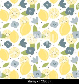 Süße schöne moderne Sommer nahtlose Vektor Muster Hintergrund Abbildung mit Hand gezeichnet Zitrone und Blumen Stock Vektor