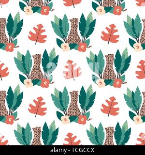 Cute trendy tropischer Sommer nahtlose Vektor Muster Hintergrund Abbildung mit Leopard, Blumen und Blätter Stock Vektor