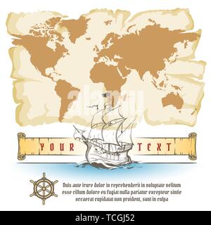 Jahrgang Navigation Karte und Segel Retro Schiff mit Blättern und text Sample. Vector Illustration. Stock Vektor