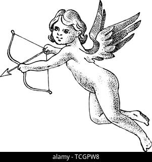 Süße Engel mit Pfeil und Bogen. Kleine ästhetische Cupids mit Flügeln fliegen in den Himmel. Kinder in Schwarzweiß graviert Stil. Vorlage für eine Tätowierung oder ein Logo Stock Vektor