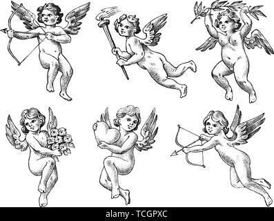 Süße Engel mit Pfeil und Bogen. Kleine ästhetische Cupids mit Flügeln fliegen mit Herzen und Blumen in den Himmel. Satz von Kindern in Schwarzweiß eingraviert Stock Vektor
