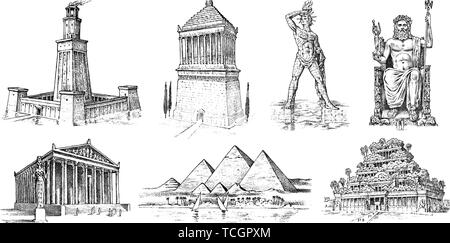 Sieben Weltwunder der Antike. Pyramide von Gizeh, die Hängenden Gärten von Babylon, der Tempel der Artemis von Ephesus, Zeus in Olympia, Mausoleum an Stock Vektor