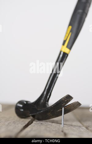 Hammer Neugierigen einen Nagel aus einem Holz Plank. Stockfoto