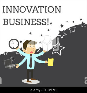 Wort schreiben Text Innovation Business. Business Foto präsentiert neue Ideen Workflows Methodik Leistungen, männliche Angestellte Manager betonte Stockfoto