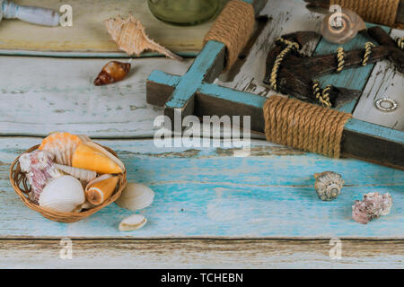 Muscheln Strand Zubehör auf Blau plank rest Sommer Urlaub Stockfoto