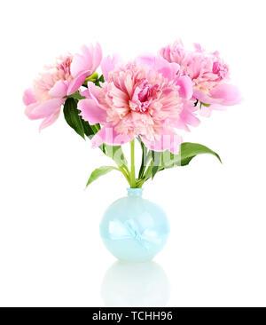 Drei rosa Pfingstrosen in Vase isoliert auf weißem Stockfoto