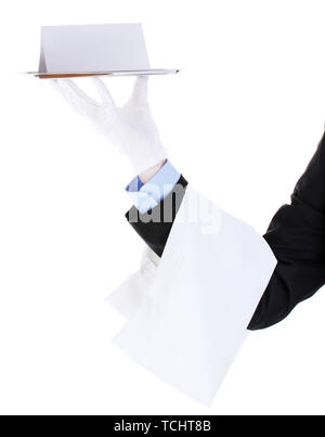 Formale Kellner mit Menü auf einem silbernen Tablett isoliert auf weißem Stockfoto