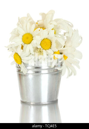 Schönen Blumenstrauß von Daisy Wildblumen in blau Metall Eimer, auf Holztisch auf blauem Hintergrund Stockfoto
