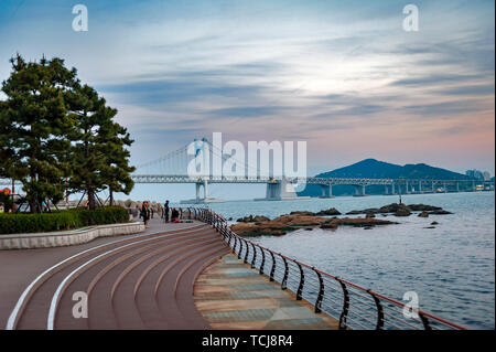 An der Strandpromenade mit herrlichem Blick auf gwangan Brücke an Gwangalli Beach, einem beliebten Reiseziel in Busan, Südkorea Stockfoto