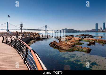 An der Strandpromenade mit herrlichem Blick auf gwangan Brücke an Gwangalli Beach, einem beliebten Reiseziel in Busan, Südkorea Stockfoto