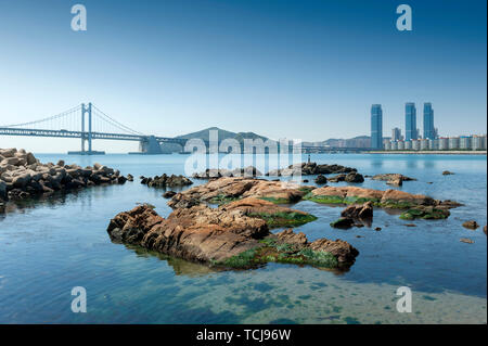 Gwangalli Beach und Gwangan Brücke, beliebtes Touristenziel in Busan, Südkorea Stockfoto