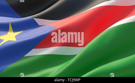 Winkte sehr detaillierte Close-up Flagge von South Sudan. 3D-Darstellung. Stockfoto