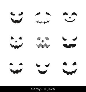 Sammlung von Halloween Kürbisse geschnitzt Gesichter Silhouetten. Schwarz-weiß Bilder. Mit einer Vielzahl von Augen, Mund und Nase für Ausschneiden jack o Vorlage Stock Vektor