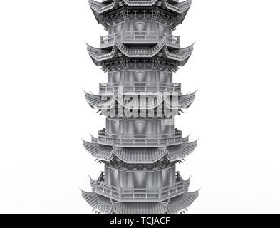3D-Rendering einer asiatischen Pagode Turm in Weiß studio Hintergrund isoliert. Stockfoto