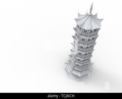 3D-Rendering einer asiatischen Pagode Turm in Weiß studio Hintergrund isoliert. Stockfoto