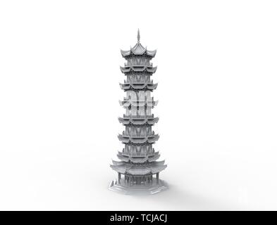 3D-Rendering einer asiatischen Pagode Turm in Weiß studio Hintergrund isoliert. Stockfoto