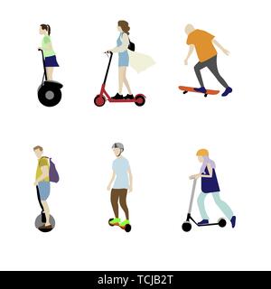 Scooter hoverboard und Skate. Einzelnen elektrischen Transport. Vektor Segway und Skateboarder, longboard und Monowheel, Mono und gyro Abbildung Stock Vektor