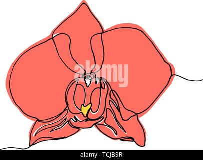 Hand orchid flower gezeichnet, Koralle Farbe, eine einzige Linie zeichnen. auf weißem Hintergrund. Vektor Illustration. Stock Vektor