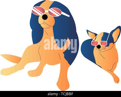 Zwei Hand gezeichnet Flat Style Hunde mit Sonnenbrille. Auf weissem Hintergrund. Vektor Illustration.. Stock Vektor