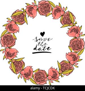 Hand gezeichnet doodle Stil rosa Pfingstrose Kranz mit benutzerdefinierten hand Schrift floral Design Element. Stock Vektor