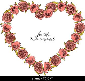 Hand gezeichnet doodle Stil rosa Pfingstrose Kranz mit benutzerdefinierten hand Schrift floral Design Element. Stock Vektor