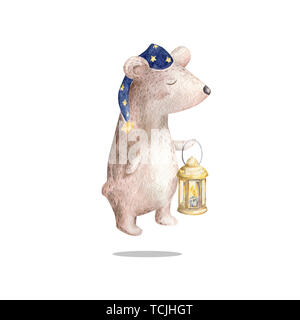 Tragen Aquarell Charakter auarelle Zeichnung Sleeping Bear Cute Animal Grußkarte geometrische Abbildung helle Altmodische hand Lampe oder einer Kerze Stockfoto