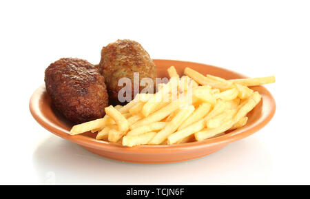 Kartoffeln Pommes Frites mit Burgern in der Platte auf Weiß isoliert - oben Stockfoto