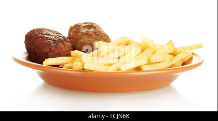 Kartoffeln Pommes Frites mit Burgern in der Platte auf Weiß isoliert - oben Stockfoto