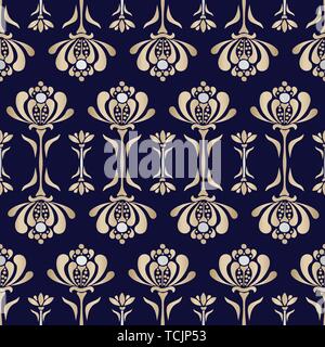 Gold Lacey Barock stilisierten Seerosen Vektor nahtlose Muster. Florale luxuriöse Hintergrund mit silbernen Akzenten. Perfekt für Tapeten, d Stock Vektor