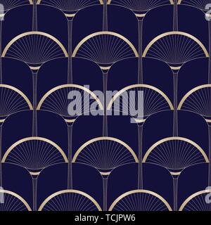 Gold Art Deco Abstract Palmen auf Dunkelblau Vektor nahtlose Muster. Abstrakte Ägyptischen geometrischen Hintergrund. Art déco-Blüten. Luxuriöse elegante Ventilator Flor Stock Vektor