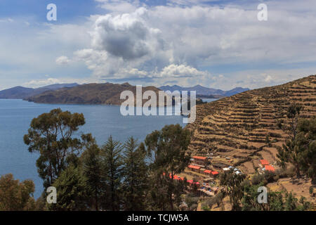 Trockene Landschaft am Titicaca-See in Bolivien Stockfoto