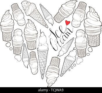Herz aus Elementen. Herz aus Hand gezeichnet Eis in der Waffel Kegel. Schrift Kalligraphie Phrase. Ich liebe Eis. Schwarz und Weiß Stock Vektor