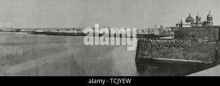 España. Andalusien. Cádiz. Vista allgemeine Desde la "Puerta de Tierra". Grabado por Rico. La Ilustración Española y Americana, 28 de febrero de 1882. Stockfoto