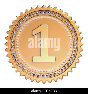 Vergabe Medaille Nummer 1 einen Gewinner golden. Ersten Platz 1 Meister Erfolg Symbol Sekt. 3D-Illustration isoliert Stockfoto