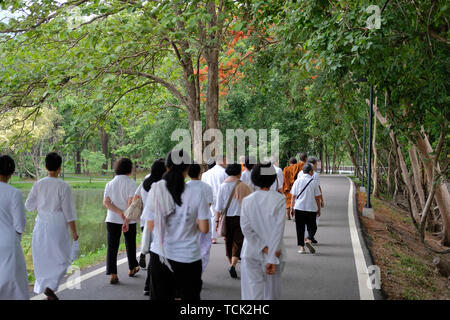 Chiang Mai, Thailand - 29. Mai 2019: buddhistischer Mönch und Menschen zu Fuß für Meditation in Chiang Mai Universität in Chiang Mai, Thailand am 29. Mai 2019 Stockfoto