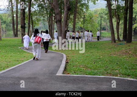 Chiang Mai, Thailand - 29. Mai 2019: buddhistischer Mönch und Menschen zu Fuß für Meditation in Chiang Mai Universität in Chiang Mai, Thailand am 29. Mai 2019 Stockfoto