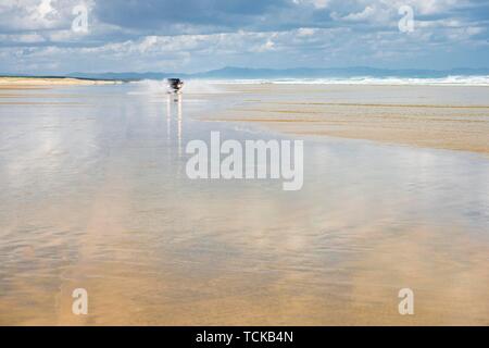 Schwarz Hyundai Santa Fe 4x4 Geländewagen Laufwerke auf dem Sandstrand von Ninety Mile Beach im Wasser, weit im Norden Bezirk, Northland, North Island Stockfoto