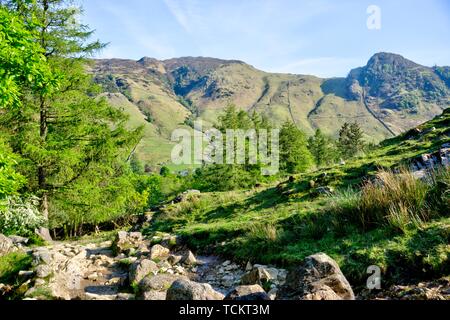 Blick auf Langdale im englischen Lake District in Großbritannien in der Abendsonne mit Trockenmauer und steinigen Weg im Vordergrund Stockfoto