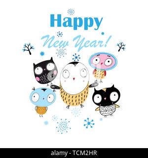 Weihnachten helle Vektor Karte mit lustigen Eulen auf weißem Hintergrund mit Schneeflocken Stock Vektor