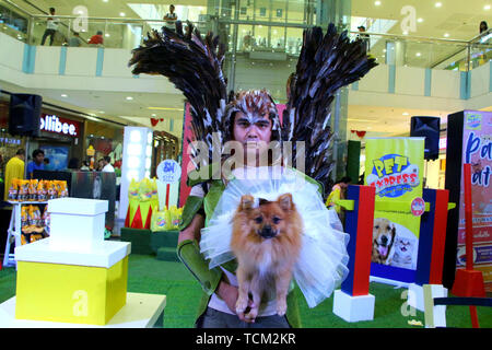 Antipolo, Philippinen. 08 Juni, 2019. John Patrick Cruz, 32 Jahre alt, besitzen mit seinem Hund name Maruja eine 4 Jahre alte Chihuahua Brot mit "Mulawin" Kostüm während der "Fluffy Helden" Aktivitäten im Rahmen der Feier der philippinischen Unabhängigkeit Tag bei SM Masinag in Antipolo City am 8. Juni 2019. Credit: Gregorio B. Dantes jr./Pacific Press/Alamy Live News Credit: PACIFIC PRESS/Alamy leben Nachrichten Stockfoto