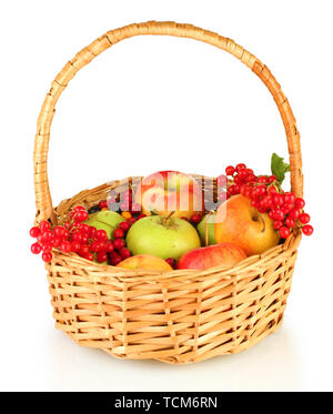 Ernte von Beeren und Obst im Korb isoliert auf weißem Stockfoto