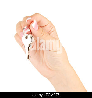Woman's Hand mit Schlüsseln, auf weißem Hintergrund close-up Stockfoto