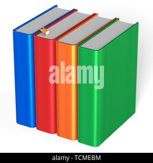 Vier leere Bücher Lehrbücher Bücherregal Bücherregal Reihe stehen 4 bunte blau rot orange grün Vorlage. Schule Studium wissen Inhalt ic Stockfoto