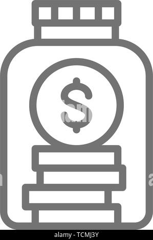 Jar für spenden Geld, Glasflasche mit Münzen Symbol Leitung. Stock Vektor