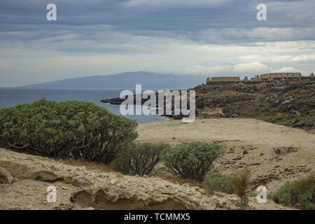 Typische Canyon umgeben von kanarischen endemisch Wolfsmilch (Euphorbia balsamifera) in Costa Adeje, im Süden von Teneriffa, Kanarische Inseln vor dem Hintergrund o Stockfoto