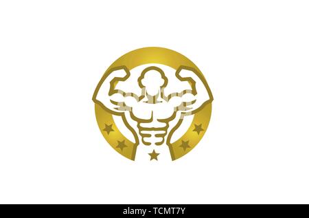 Kreative Bodybuilder Golden Circle Stars Logo Design Illustration Stock Vektor